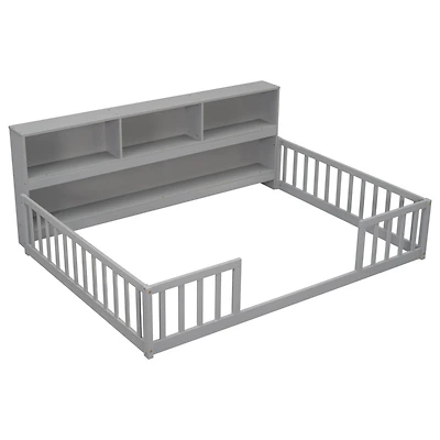 Simplie Fun Full Floor Bed With Side Bookcase, Shelves, Guardrails, Grey
