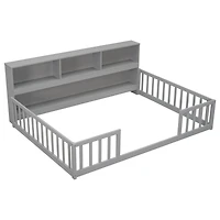 Simplie Fun Full Floor Bed With Side Bookcase, Shelves, Guardrails, Grey