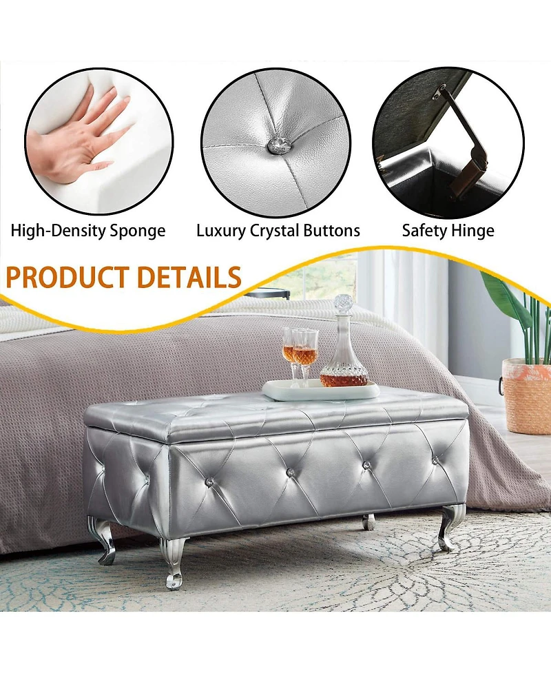Simplie Fun Crystal Button Faux Leather Ottoman Bench - Silver