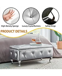 Simplie Fun Crystal Button Faux Leather Ottoman Bench - Silver