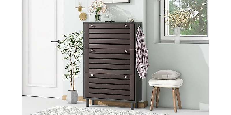 Streamdale Slim shoe cabinet with hanging hooks, drawers, and adjustable panels