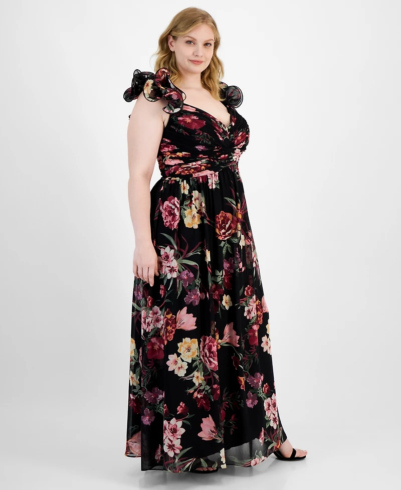B Darlin Trendy Plus Floral-Print Ruffle-Strap Gown