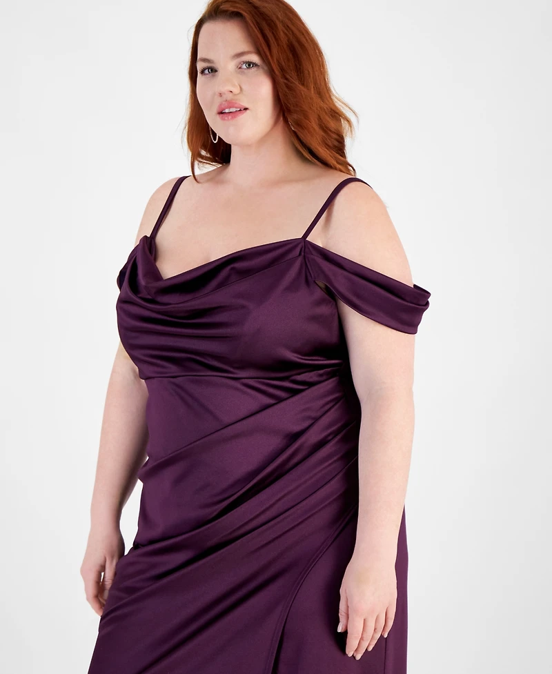 B Darlin Trendy Plus Off-The-Shoulder Satin Gown