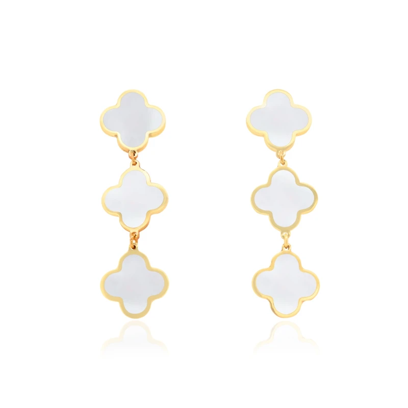 The Lovery Mother of Pearl Clover Dangle Earrings 14K Gold 1.25 inches