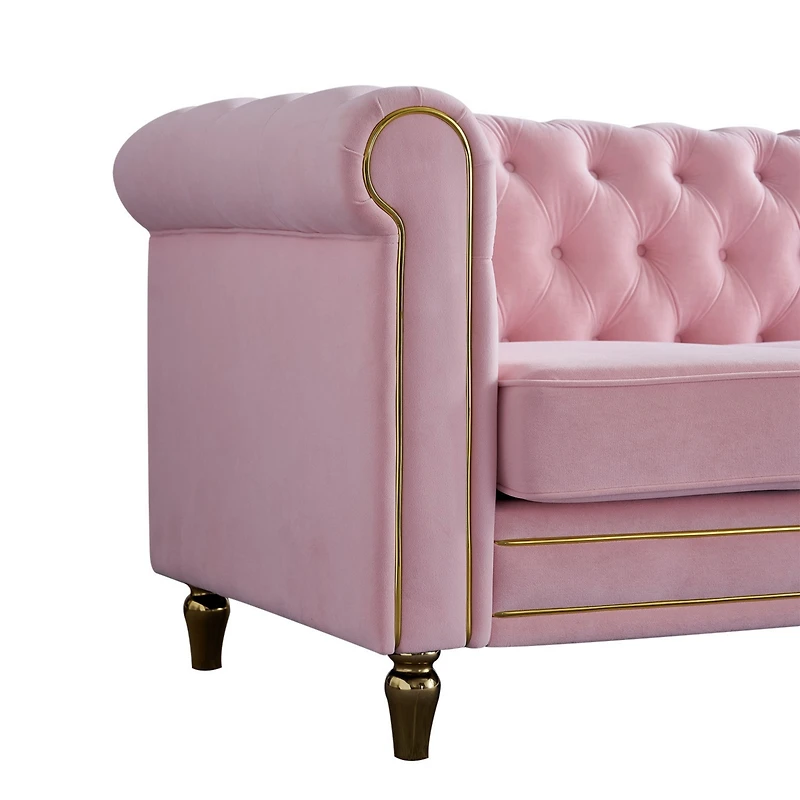 Simplie Fun Chesterfield Velvet Sofa 84.65 Inch For Living Room Pink Color