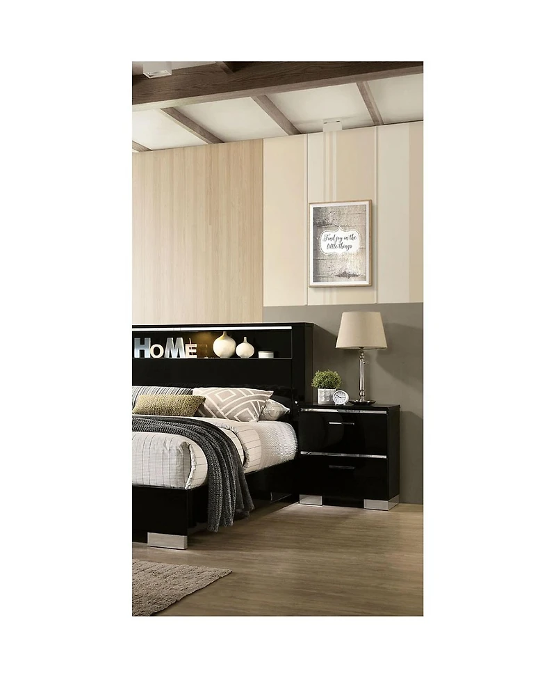 Simplie Fun Black Nightstand with Usb Charger & Chrome Accents