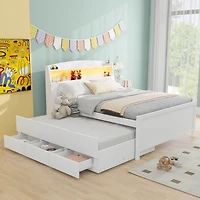 Full Size Platform Bed With Storage Led Headboard, Twin Size Trundle And 3 Drawers