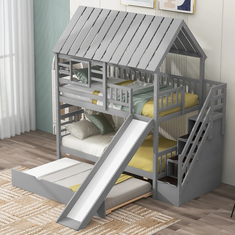 Simplie Fun Gray House Bunk Bed with Trundle, Slide, Storage stairway