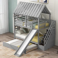 Simplie Fun Gray House Bunk Bed with Trundle, Slide, Storage stairway