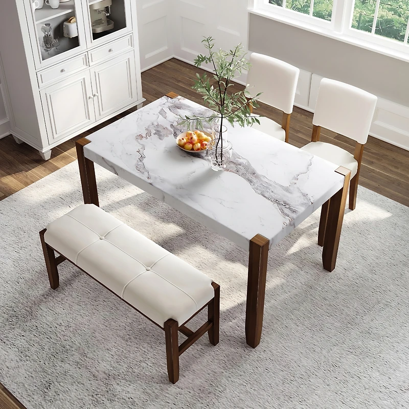 Streamdale Modern 4-Piece Dining Set - Faux Marble Table, 2 Chairs & Bench