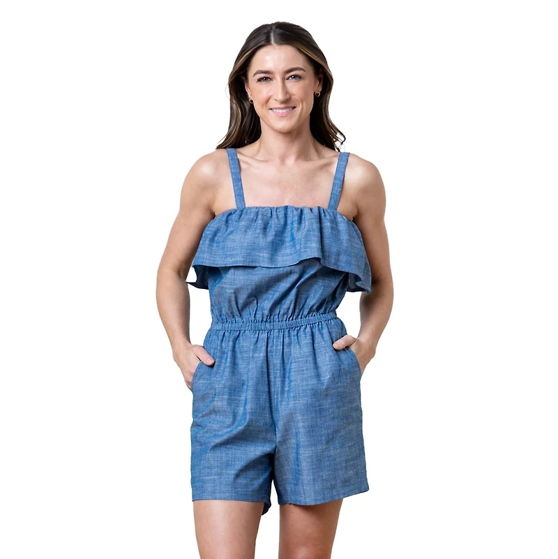 Hope & Henry Women's Organic Ruffle Top Chambray Romper