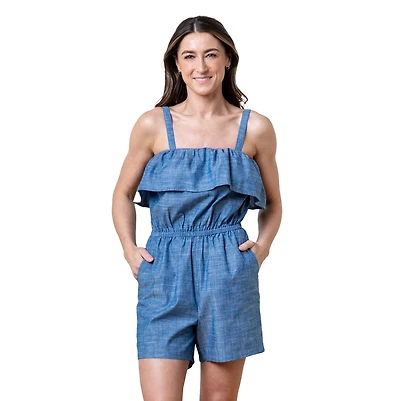 Hope & Henry Women's Organic Ruffle Top Chambray Romper