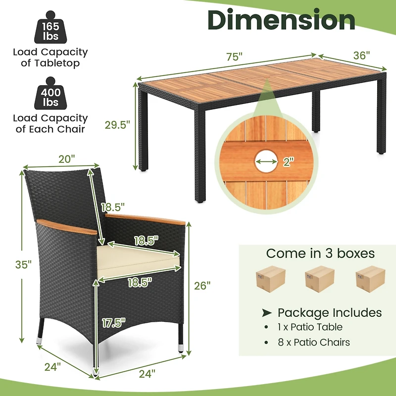 9 Pcs Outdoor Dining Set with Acacia Wood Tabletop, Umbrella Hole, Seat Cushions