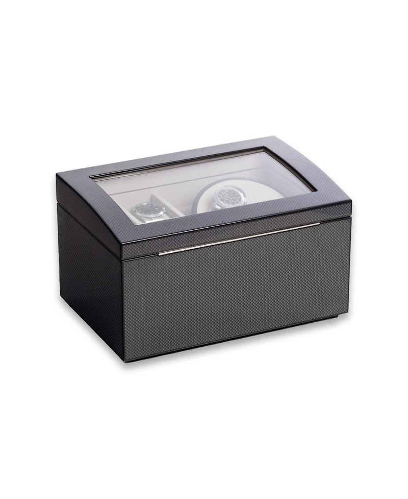 Bey-Berk Lacquered Carbon Fiber Finish 2 Watch Winder with Storage for 4 Watches