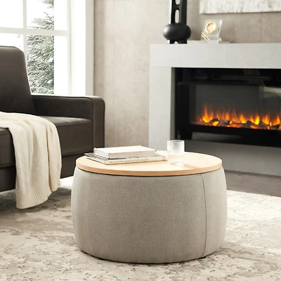 Round Storage Ottoman, 2 in 1 Function, Work as End Table and Ottoman
