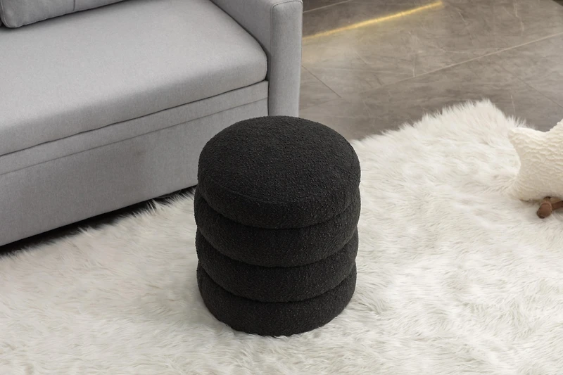 Soft Boucle Round Ottoman Footrest Stool, Black