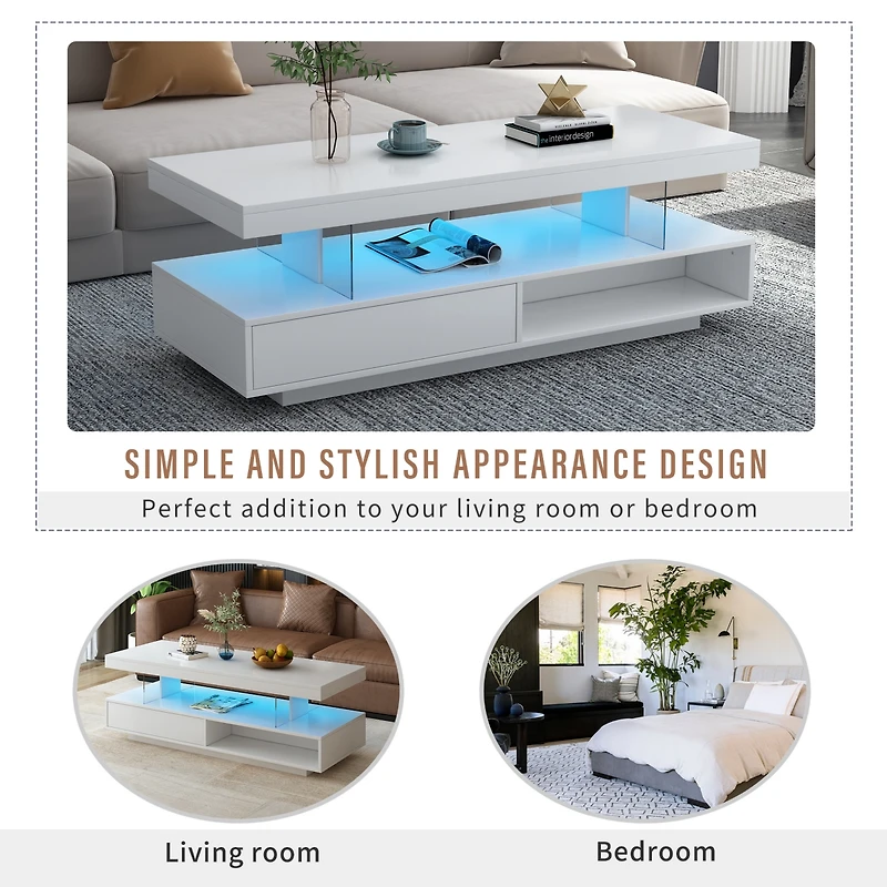 Simplie Fun Modern White Led Coffee Table with Storage, 2 Drawers, and Shelves