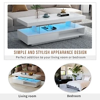 Simplie Fun Modern White Led Coffee Table with Storage, 2 Drawers, and Shelves