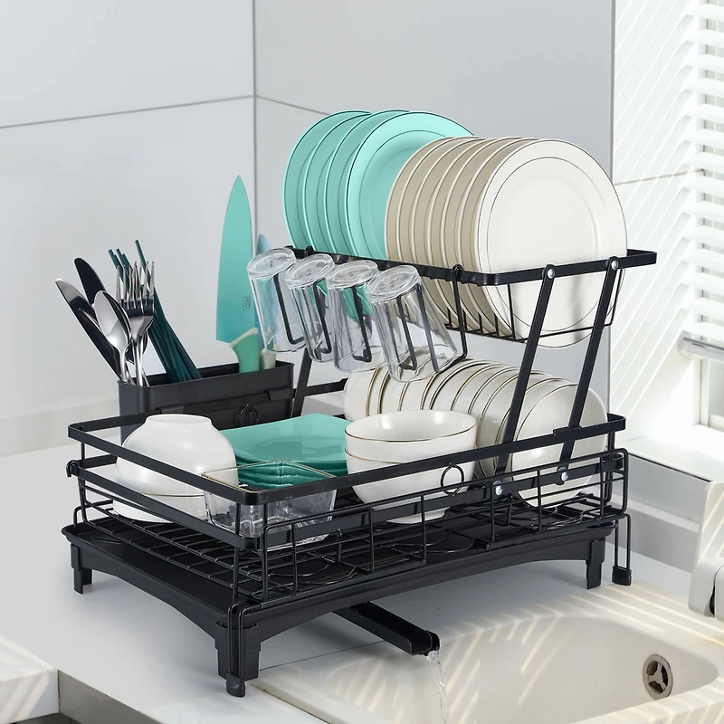2-Tier Collapsible Expandable Dish Rack with Swivel Drain Spout and Rust-Resistant Stainless Steel Frame