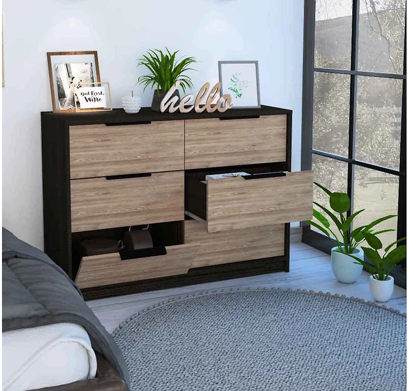 Streamdale Longhill 6-Drawer Rectangle Dresser Black Wengue And Pine