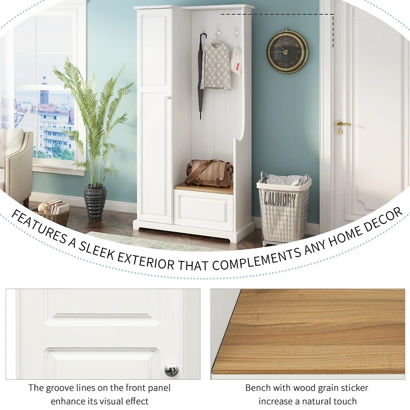 Simplie Fun White Hall Tree with Bench and Shoe Cabinet