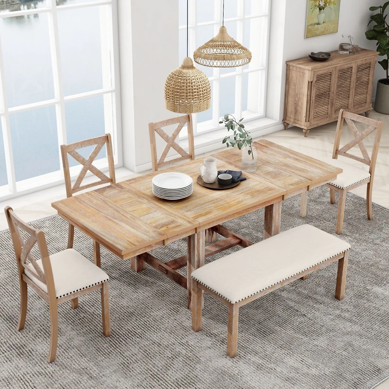 Streamdale Furniture 6-Piece Wood Dining Table Set Kitchen Table Set With Upholstered Bench And 4 Dining Chairs