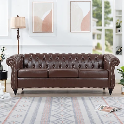 Streamdale Furniture 84" Dark Brown Pu Rolled Arm Chesterfield Three Seater Sofa