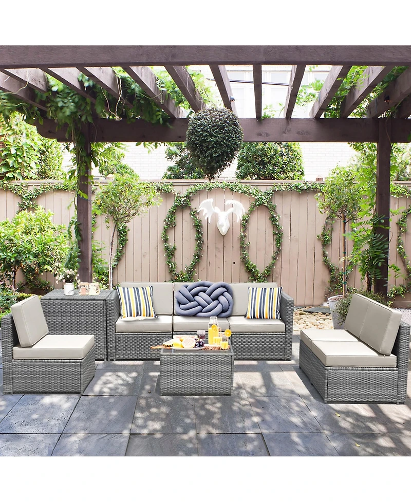 Gymax 8PCS Patio Rattan Sofa Sectional Conversation Furniture Set w/ White Cushion
