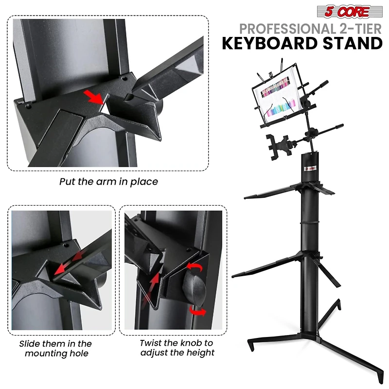 5 Core 2 Tier Column Keyboard Stand Riser Piano Holder Heavy Duty Aluminium Built Attached Adjustable Music & Mic Stands Height 51.2 Inch for 61 76 88