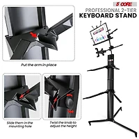 5 Core 2 Tier Column Keyboard Stand Riser Piano Holder Heavy Duty Aluminium Built Attached Adjustable Music & Mic Stands Height 51.2 Inch for 61 76 88