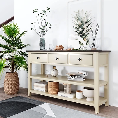 Streamdale Retro Console Table with Open Shelves and Pine Frame