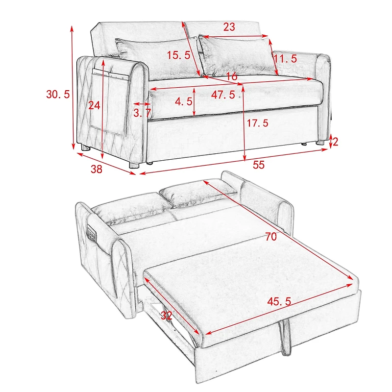 Streamdale 55" Convertible Sofa Bed with Detachable Pockets