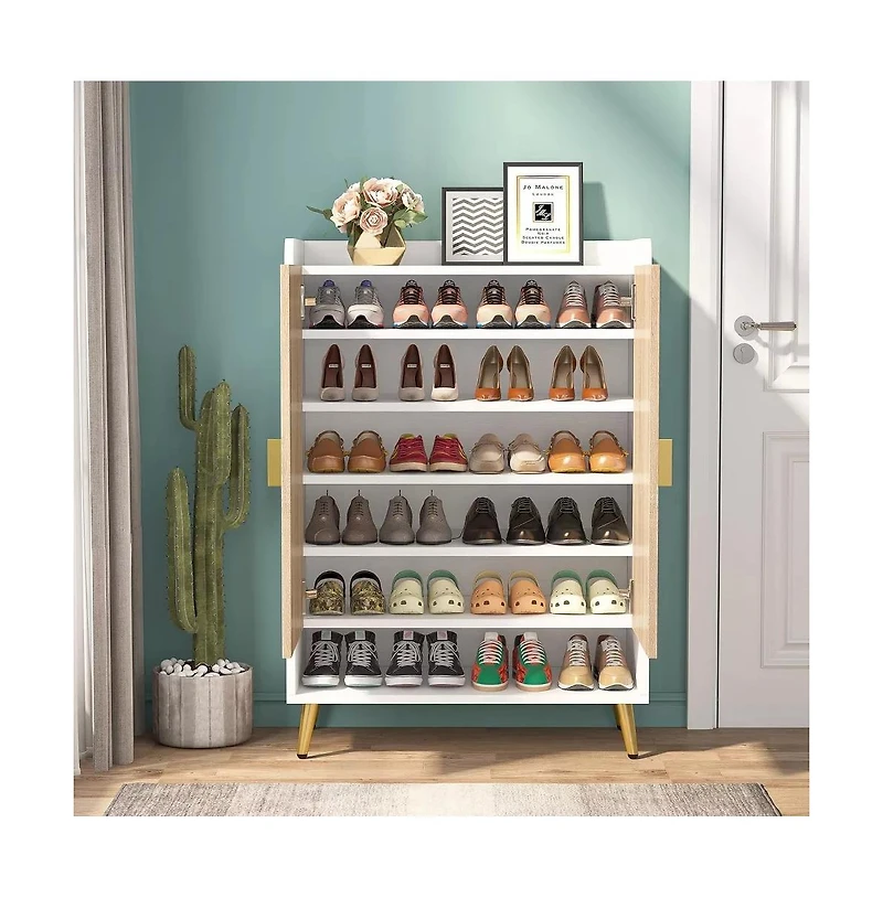 Tribesigns Shoe Cabinet with Doors, Entryway Shoe Storage Cabinet with Adjustable Shelves, Wood Color