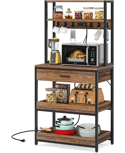 Tribesigns Kitchen Bakers Rack with Power Outlets, 5-Tier Microwave Oven Stand with Drawer and Sliding Shelves, Freestanding Coffee Bar, Kitchen Stora