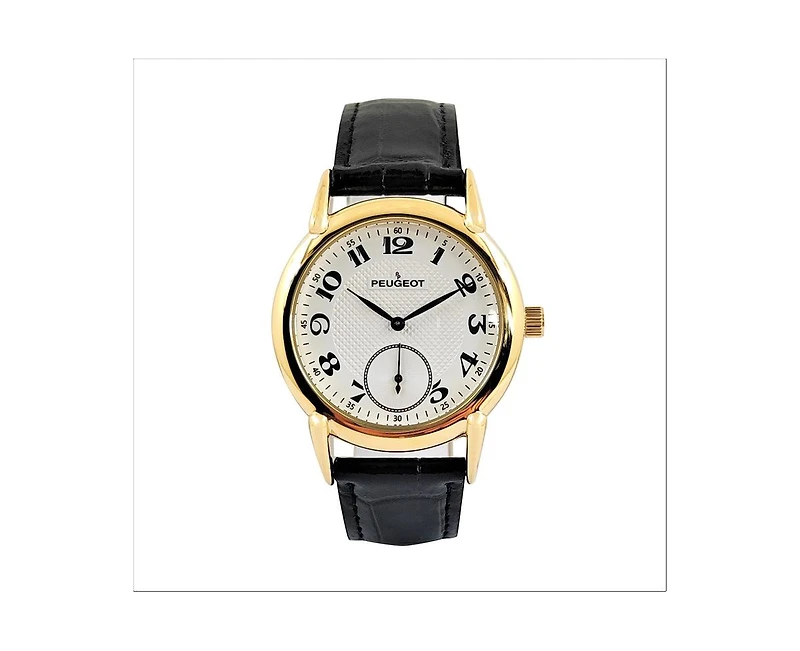 Peugeot Men's Vintage 38mm Round Gold Plated Watch with Black Leather Band