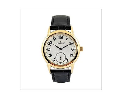Peugeot Men's Vintage 38mm Round Gold Plated Watch with Black Leather Band