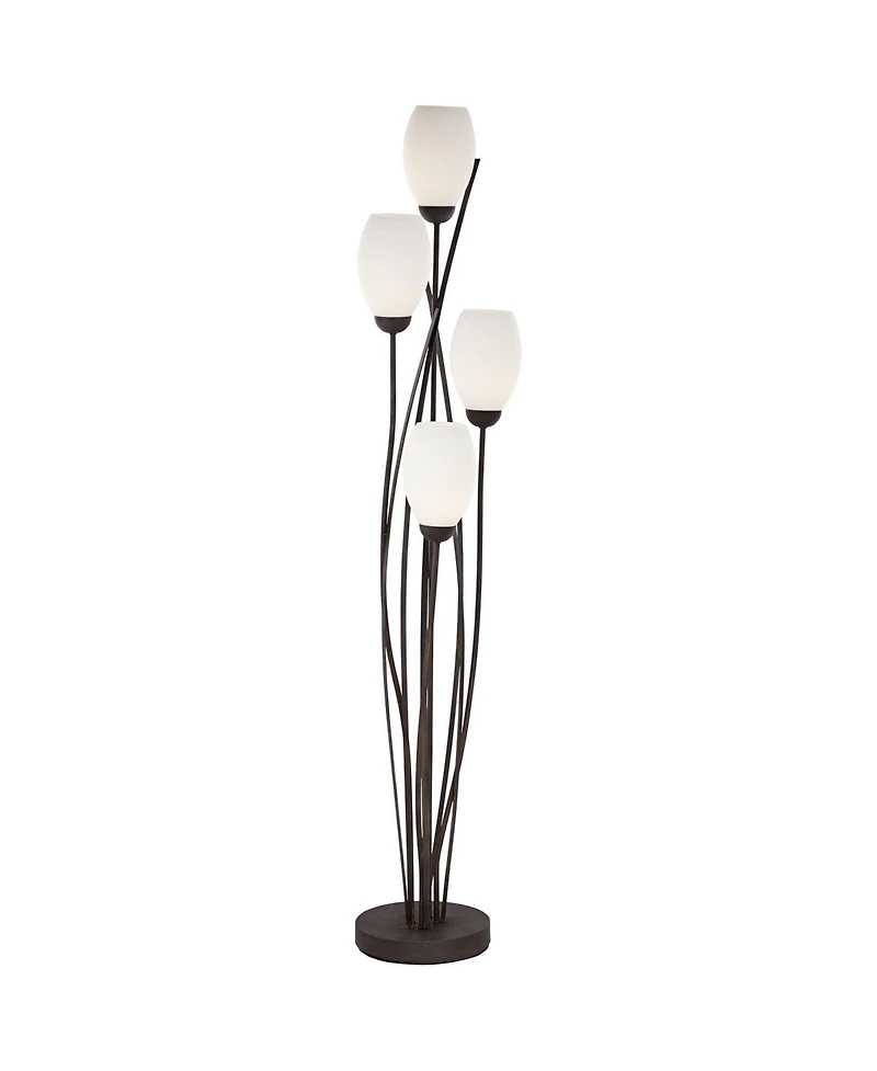 Franklin Iron Works Modern Floor Lamp 4-Light Tree 73" Tall Ginger Black Tulip White Cased Glass Shades for Living Room Bedroom Uplight