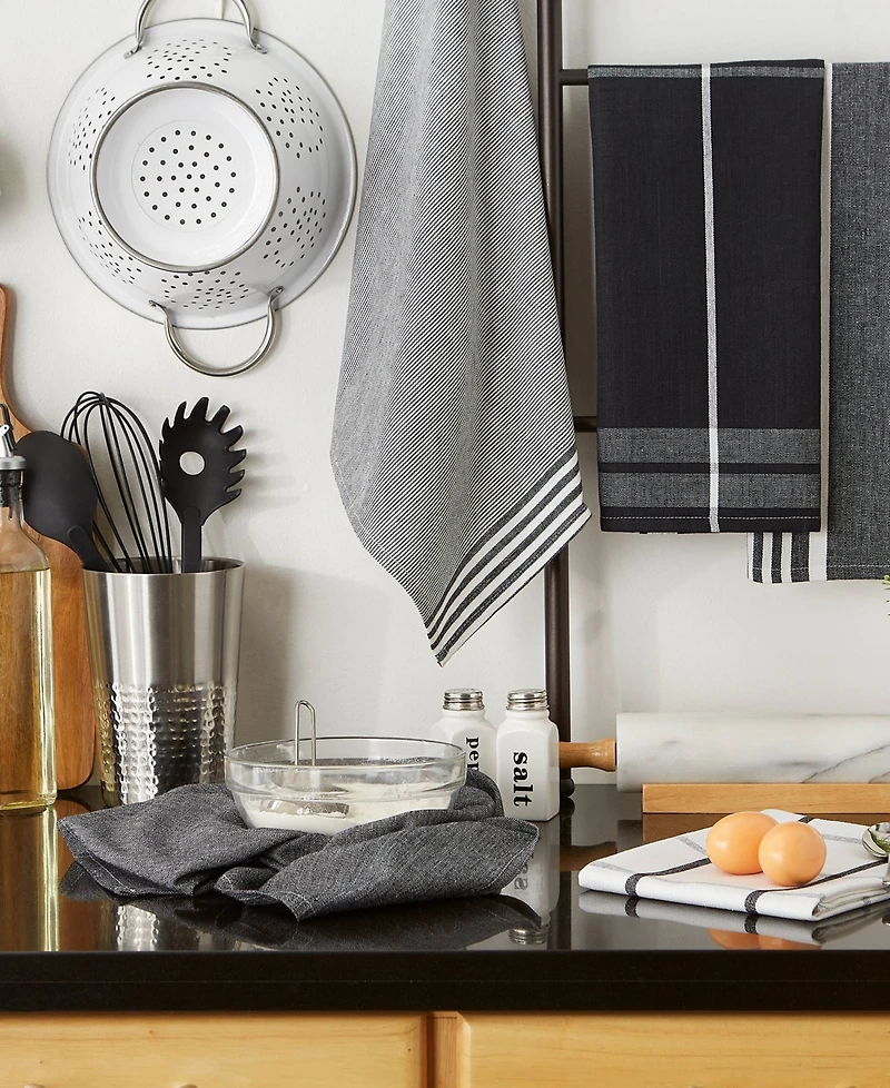 Design Imports Assorted Woven Dishtowel Collection Classic Oversized, 20x28", Black, 5 Piece