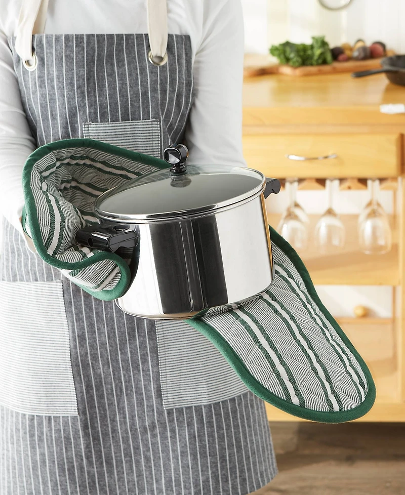 Design Imports Double Strip Chef Kitchen Cooking Baking Collection, Double Oven Mitt, 35x7.5", Dark Green