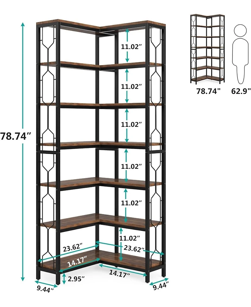Tribesigns Corner Shelf, 7-Tier Industrial Corner Bookshelf, Wood and Metal Corner Etagere Bookcase, Freestanding Display Shelf for Living Room, Kitch