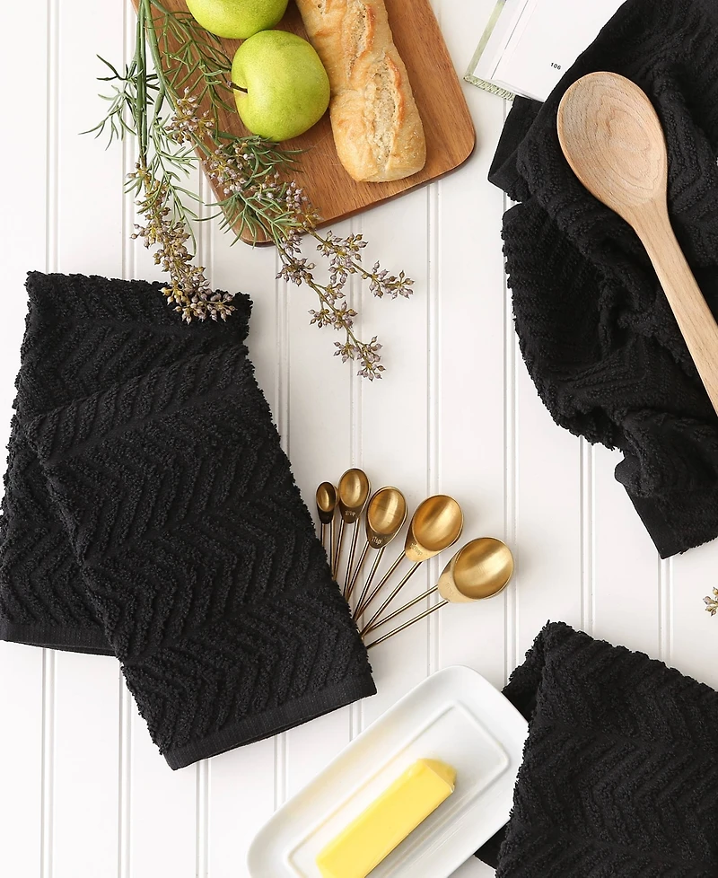 Design Imports Luxury Bar Mop Collection Chevron Dishtowel Set, 16x19", Black, 4 Piece