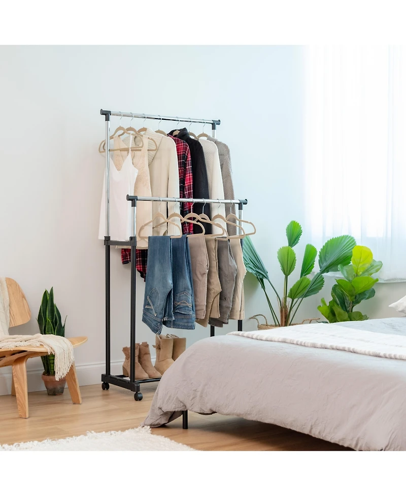 Iris Usa Adjustable Double Rod Clothes Rack, Garment Rack, Clothing Rack with Wheels