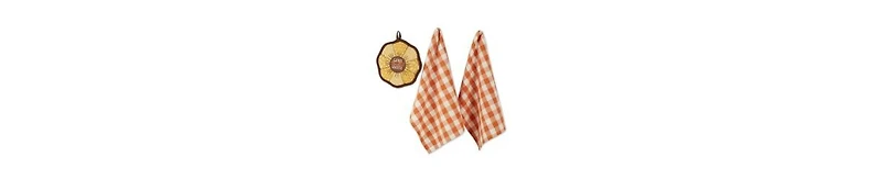 Design Imports Fall Kitchen Decor Collection Dish Towel Potholder Hostess Gift Set, Sunflowers/Orange Buffalo Check, 3 Piece