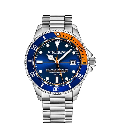 Stuhrling Men s Depthmaster Heritage 42mm Swiss Automatic Diver Watch, Black Dial, Orange Bezel, Stainless Steel Bracelet, 200M Wr