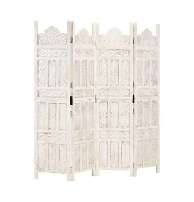 vidaXL Hand carved 4-Panel Room Divider White 63"x65" Solid Mango Wood