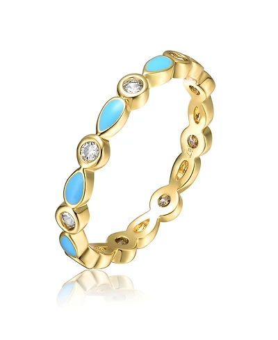 GiGiGirl 14k Yellow Gold Plated with Cubic Zirconia Colorful Marquise Light Blue/Red Enamel Stacking Ring
