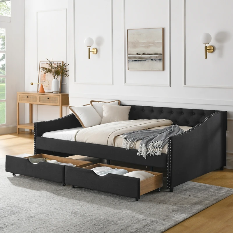 Streamdale Furniture Upholstered Tufted Daybed with Drawers and Copper Nail Detail
