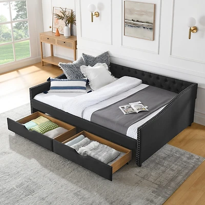 Upholstered Queen Size Daybed with Drawers