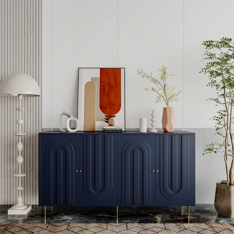 Streamdale Blue Lacquered 4 Door Wooden Sideboard Buffet Cabinet