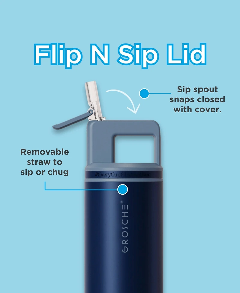 Grosche Alpine Flip 'N Sip Insulated, Leakproof Water Bottle with Straw, 20 Oz, 2pk